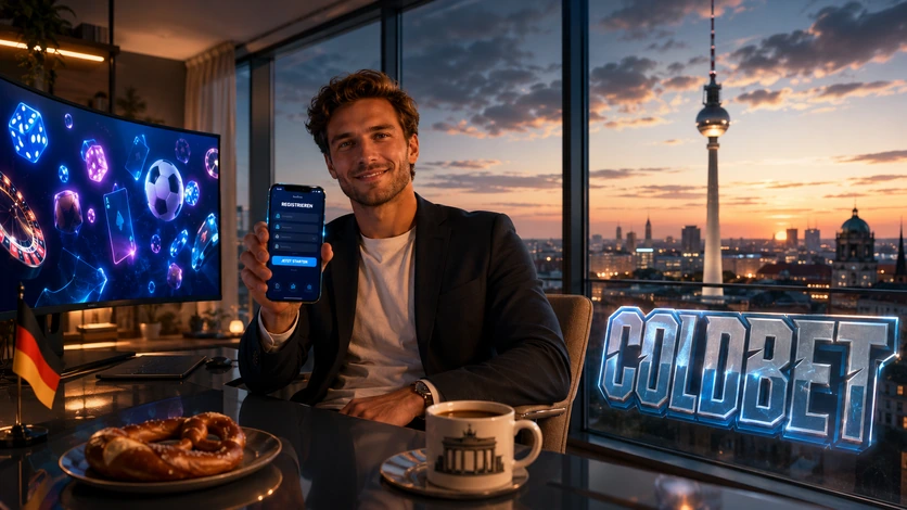 Moderner deutscher Spieler im Berliner Loft mit Fernsehturm und ColdBet Logo