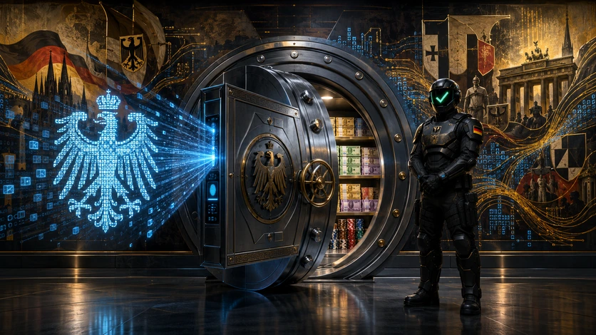 Moderner Tresor mit deutschem Adler und Biometrie für maximale Kontosicherheit mit ColdBet Logo