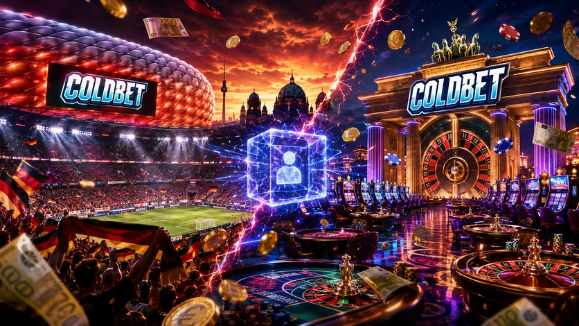 Panorama des Münchner Fußballstadions und luxuriösen Casinos vereint mit ColdBet Logo