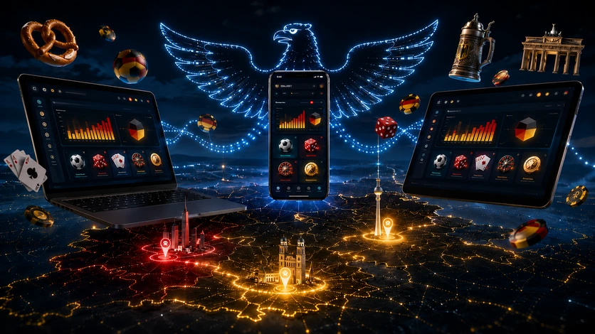 Synchronisation von Laptop Smartphone und Tablet über leuchtender Deutschlandkarte mit ColdBet Logo